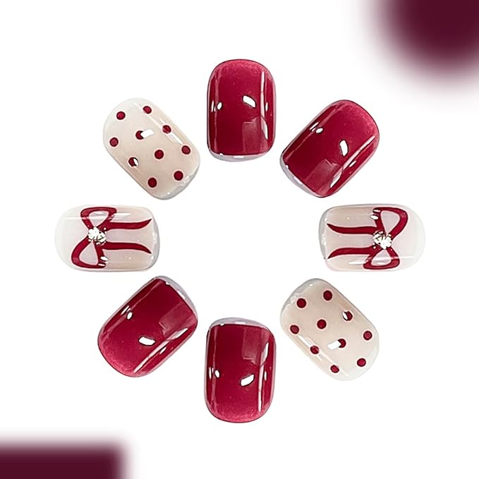 Valentines Press on Nails Extra Short Square MABKJLF Fake Nails False Nails with Wine Red Bow Polka Dots Rhinestones Designs Glossy Glue on Full Cover Acrylic Nails for Women Girls 24Pcs