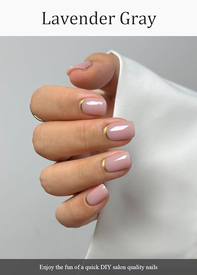 Semi Cured Gel Nail Strips (Lavender Gray), Gold Line, 20 Pcs Gel Nail Wraps, Stickers, UV Light Required, Salon Quality, Long Lasting