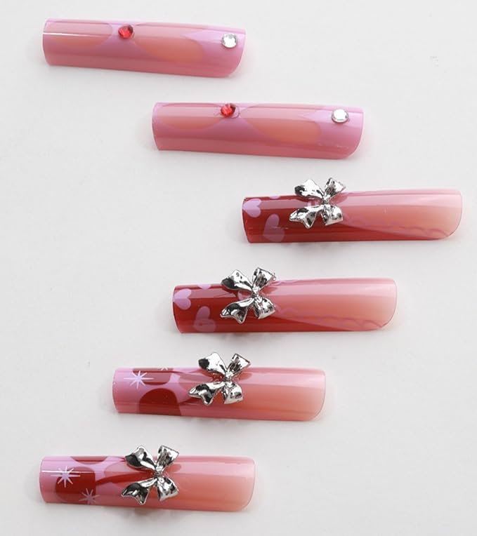 Press on Nails Square - Extra Long Fake Nails with 3D Bows, Pink French Tips Cute Red False Nail, Stick On Nails for Women, 12 Sizes - 24 Nail Kit, Cherry Love