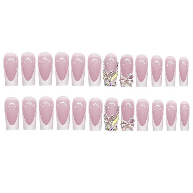 48Pcs Square Press on Nails Medium & Press on Toenails Set, White French Tip Fake Nails with Bow Designs Pink False Nails Short Press on Toe Nails Glue on Toenails Kit for Women Manicure
