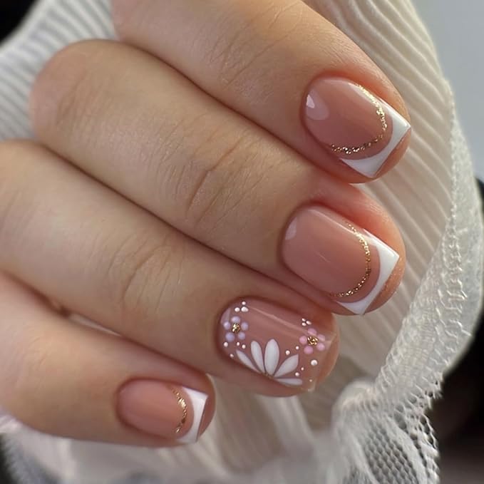 Square Press On Nails Short – Nude Pink French Tips with White Floral Design, 24PCS Thick Acrylic Fake Nails Kit, Glossy Reusable Stick On Nails with Glue & Tools for Women, Elegant DIY Manicure
