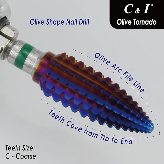 C&I Tapered Tornado & Olive Tornado Nail Drill, E File for Manicure Drill Machine, Professional Nail File to Quick Remove Nail Gels (C, Olive)