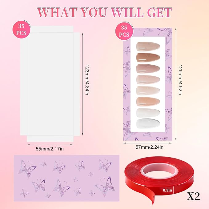 ANGNYA 72PCS Empty Press On Nail Packaging Box Contains 35PCS Butterfly Press On Nail Boxes, 35PCS White Display Cards, 2PCS Double Sided Tapes, Nail Tip Storage Case for Press-on Nail Business