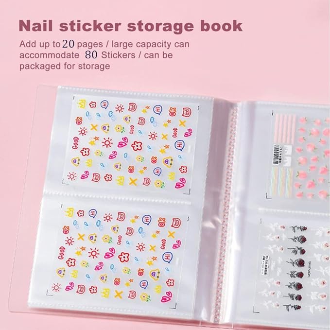 2 Pack(160 Slots) Nail Art Sticker Storage Book Collecting Album, Empty Storage Holder and 80 Pcs Label Sticker, Easy Photo Album Semi-Permanent Tattoo Tools