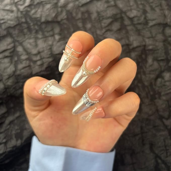 Large Trendy Handmade Press On French Nails Medium Almond Shape,10Pcs Thick Acrylic Fake Nails with 3D Pearl Cute Design Clip On Nail for Woman Gift
