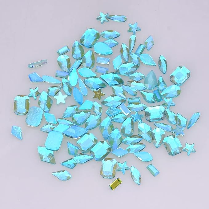 100pcs Aurora Aquamarine Si Transparent Crystal ab Flat Back Glass Colored Nail Gems and Rhinestones Bulk Shapes Mix for Nail Design
