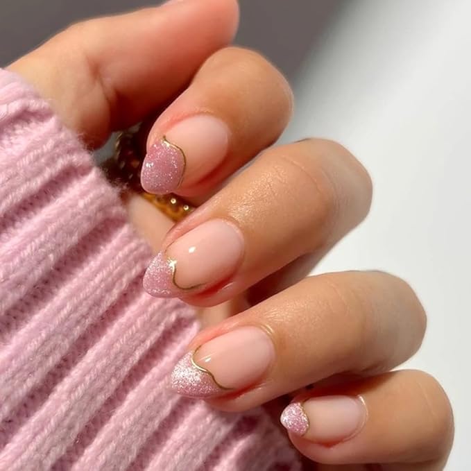 French Press On Nails Almond Short, Nude with Pink Shimmery French Tips and Gold Line Accents, Glossy Reusable Acrylic Glue-On Nails Kit for Women, 24PCS – Gilded Pink Shimmer