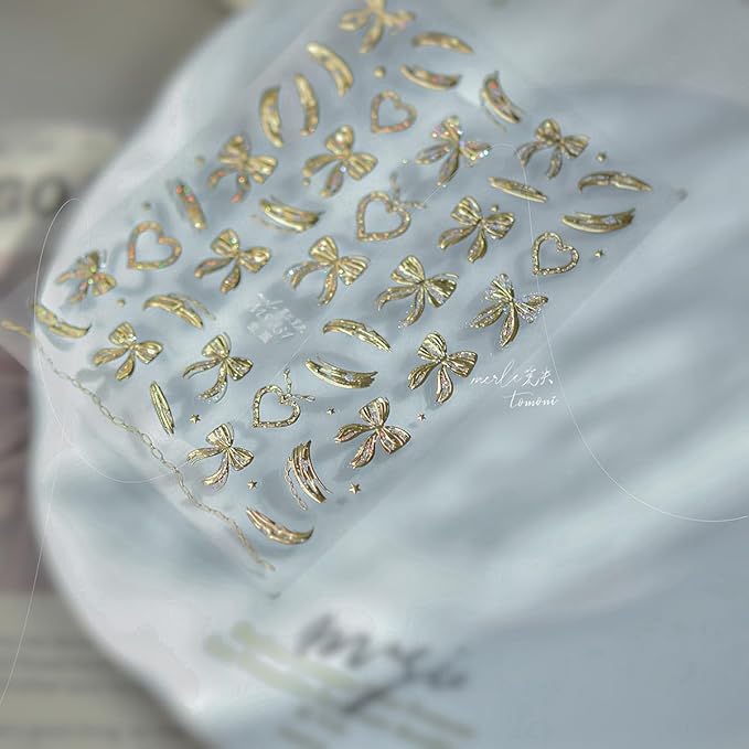 5D Embossed Gold Bow Nail Stickers Self Adhesive Gold Heart Nail Art Stickers Metal with Glitter Love Bow Design Cute Valentines Day Nail Decals Nail Art Supplies for Women Acrylic Manicure Salon Tips