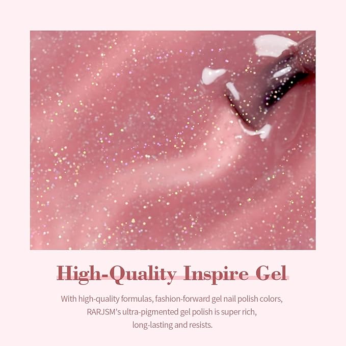 RARJSM Nail Polish Nude Glitter Rose Pink Jelly Shimmery Iridescent Rainbow Pigments Sparkly Red Pink Translucent Natural Gel Polish Soak off UV LED Cured 15ml Single Bottle