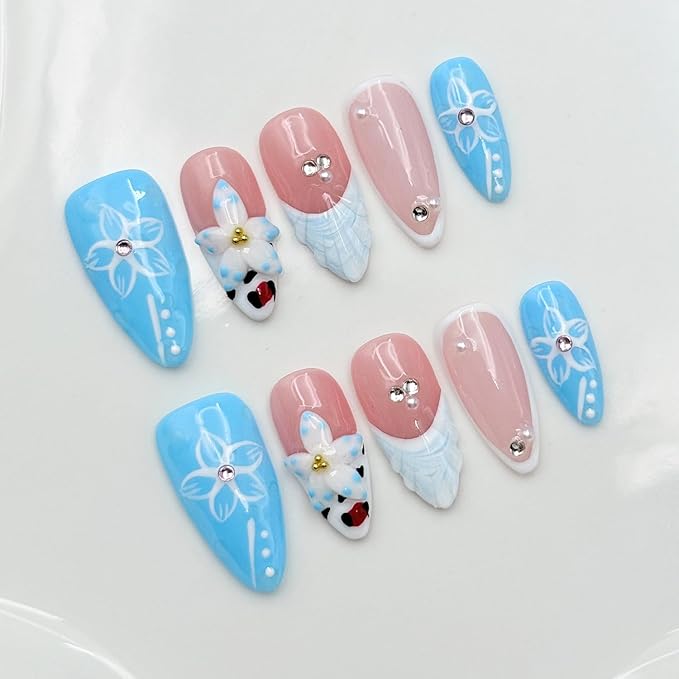 10 Pcs Blue French Almond Handmade Press on Nails with Glue,Luxury False Nails 5D Flower Art Design Muti-Layer Gel False Nails Reusable Thick Nails Handmade Nail for Women(Size S)