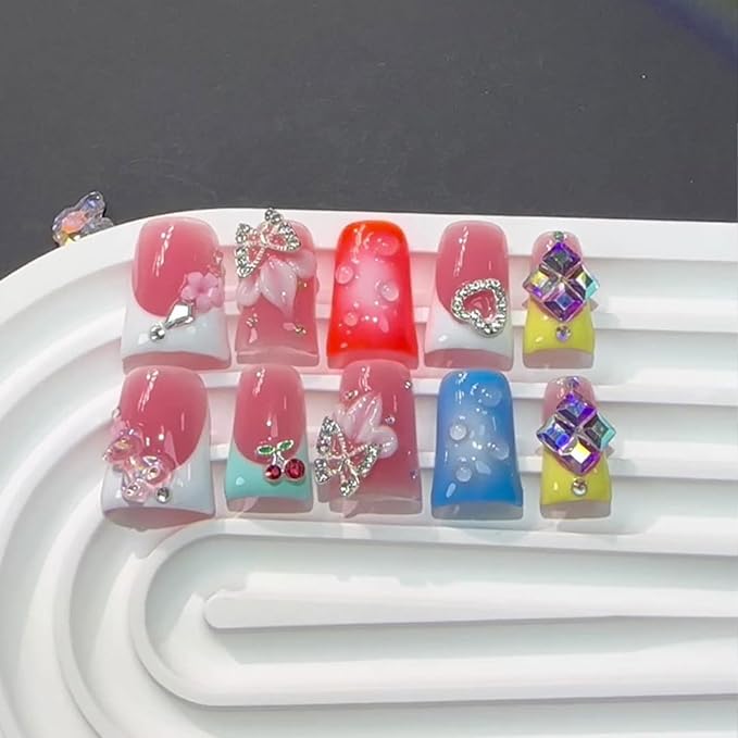 French Press on Nails Handmade Nails with Glue,Orange Medium Duck Fake Nails with 5D Flower Art ＆ Big Rhinestone Design Muti-Layer Gel Handmade Nail Acrylic Nature False Nails for Wome (Size S)