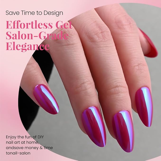 evpct Dark Red Press on Nails Almond Short, Dark Purple Red Chrome Glazed Glossy Short Almond Soft Gel Press On Nails with Nail Kit for Women Gift, 15 Sizes 30Pcs Reusable Stick Acrylic Fake Nail Kit