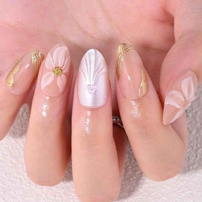 3D Pink Flowers Press on Nails Short Almond, Acrylic Fake Nails with 3D Gold Line White Pearls Floral Design, Reusable Glue-On Stick for Flower Fashion Nails for Women
