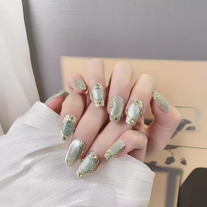 Short Square Press on Nails - Handmade Manicure Art Reusable False Nails 10pcs with Solid Nail Glue, Nail Adhesive Tabs, Strong Nail Glue (C29-Short)