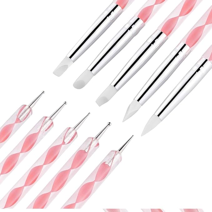 AUOCATTAIL Nail Art Design Tools - 15pcs Painting Brushes Set with 5pcs 2-way Dotting Pens & Gold-rimmed Resin Palette, White