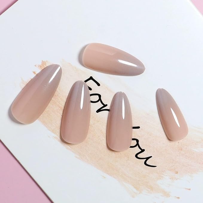 Press-On Nails, Medium-Length Glossy Sheer Nude Ombre Medium-Length Almond False Nails, Showing the Noble Temperament of Women and Girls False Nails - 24 pcs (with Free Tool Kit)