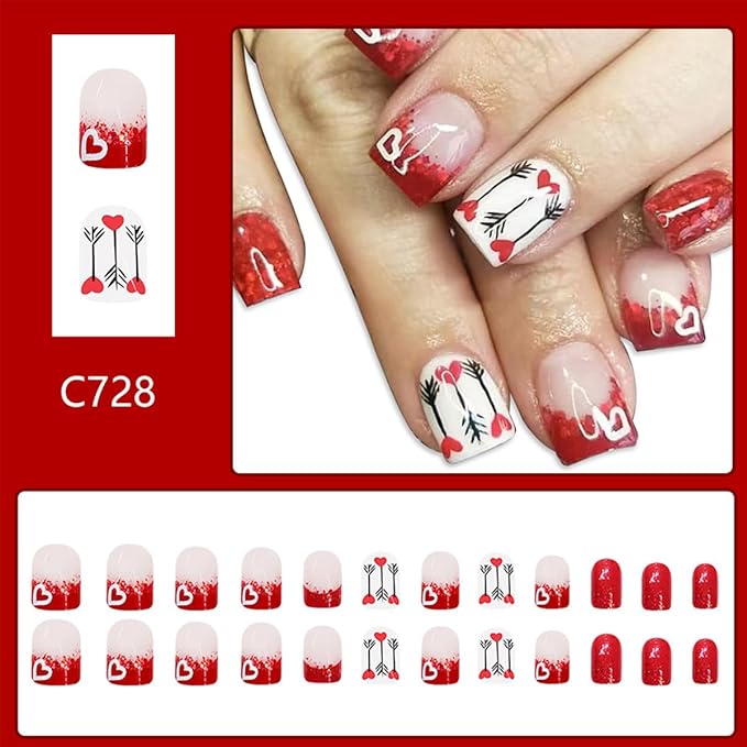 Valentines French Tip Press on Nails Short Square False Nails Red Heart Valentines Nails Design Glossy Glue on Nails Artificial Stick on Nails Full Cover Acrylic Nails for Girls Women 24Pcs