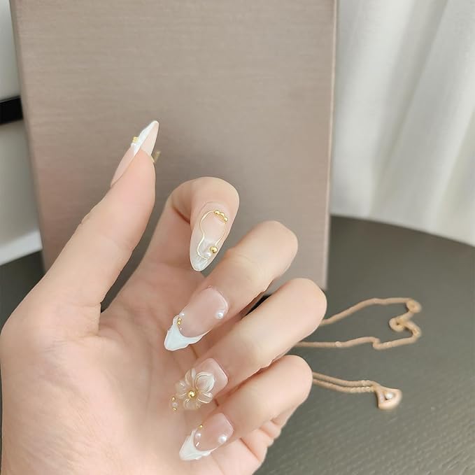 10 Medium Almond Handmade Press On Nails | Romantic Nude Pink French Tip Fake Nails with 3D Floral, Gold Line & Pearl Accents | Easy Apply & Remove, Reusable Salon Quality Nails (5U13, M)