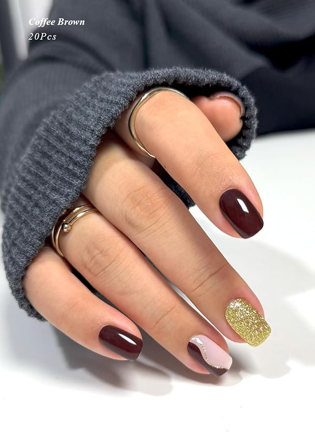 Semi Cured Gel Nail Strips (Coffee Brown), Gold Glitter Line, 20 Pcs Gel Nail Wraps, Stickers, Salon Quality, Long Lasting, Works with Any UV Lamps