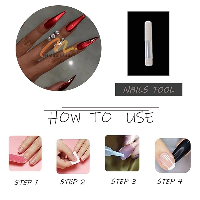 MISUD Press on Nails - Long Stiletto Fake Nails, Acrylic Bling Red Cat Eye Design 24 pcs