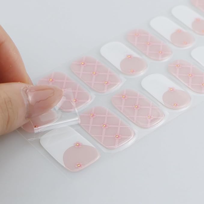 JMEOWIO Gel Nail Stickers French Tip White Pink Flower Semi Cured Gel Nail Strips Wraps UV/LED Nails Art Design Decoration Accessories