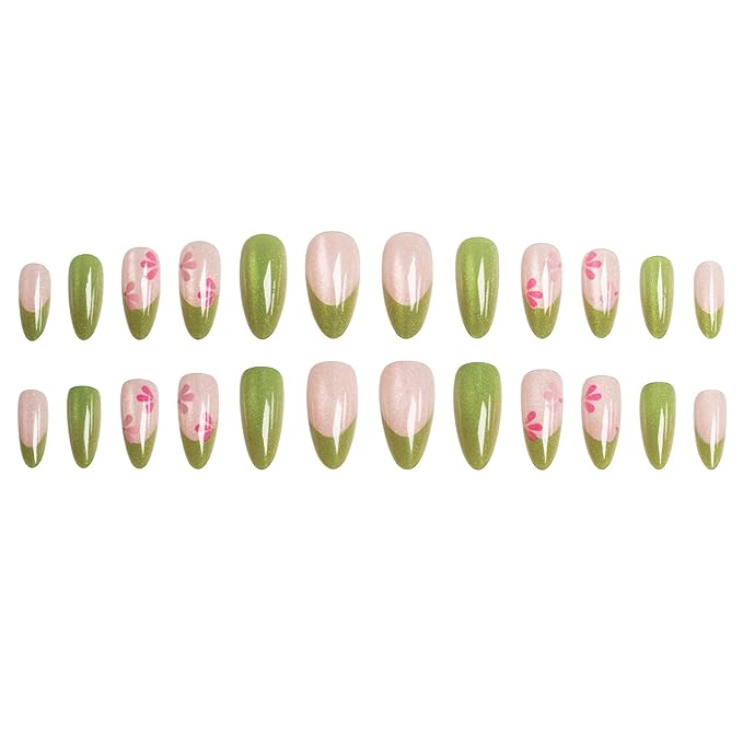 Green Cat Eye Press on Nails Medium Almond Fake Nails Spring Flowers False Nails French Tips Acrylic Nails Glossy Stick on Nail for Women Decoration 24Pcs