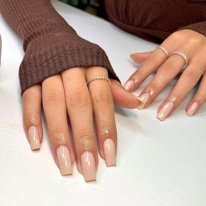 KQueenest Nude Press on Nails Long Medium Square, Natural Nude Fake Nails Medium Coffin, Glossy Sheer Color Acrylic Nails Press ons, Reusable Soft Gel Glue on Nails for Women Summer