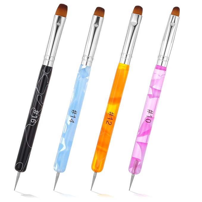 4 PCS French Tip Brush Gel Acrylic Brush Two Way Nail Art French Tip Nail Brushes and Dotting Tools Brushes for Nails Technician Enthusiasts DIY (10# 12# 14# 16#)