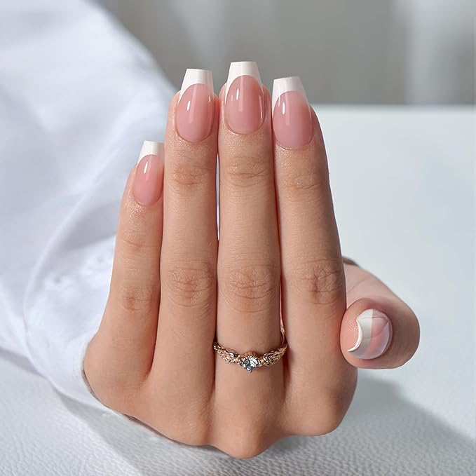 BTArtboxnails XCOATTIPS French Tip Press on Nails - Short Coffin Nail Tips with Nail Gel, Air-Dry Nail Gl ue, French Protecing Duo, Nail Lamp, All in One Soft Gel Fake Nail Gel Extension Kit