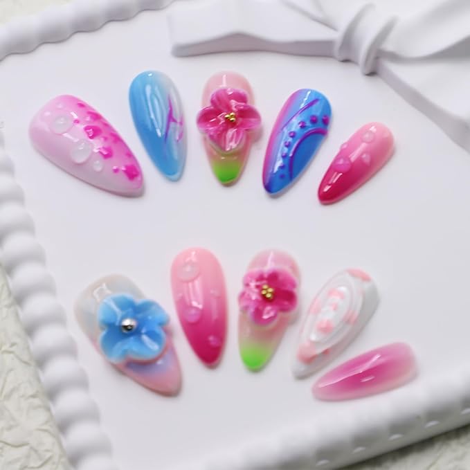 Handmade Almond Press on Nails Thick Fake Nails with Water Droplet Pattern Designs Medium Length Acrylic Nails with Glue,Flower Art Nature Stick on Nail False Nails for Wome (Size S)