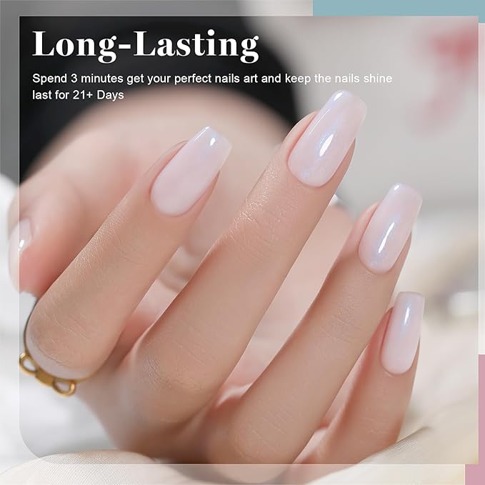 RARJSM Milky White Pink Nude Gel Nail Polish with Blue Pearl Shell Glitter Clear Sheer White Shimmer Gel Polish 15ml UV LED Soak Off Transparent Pale Pink Home Salon French Manicure Curing Requires