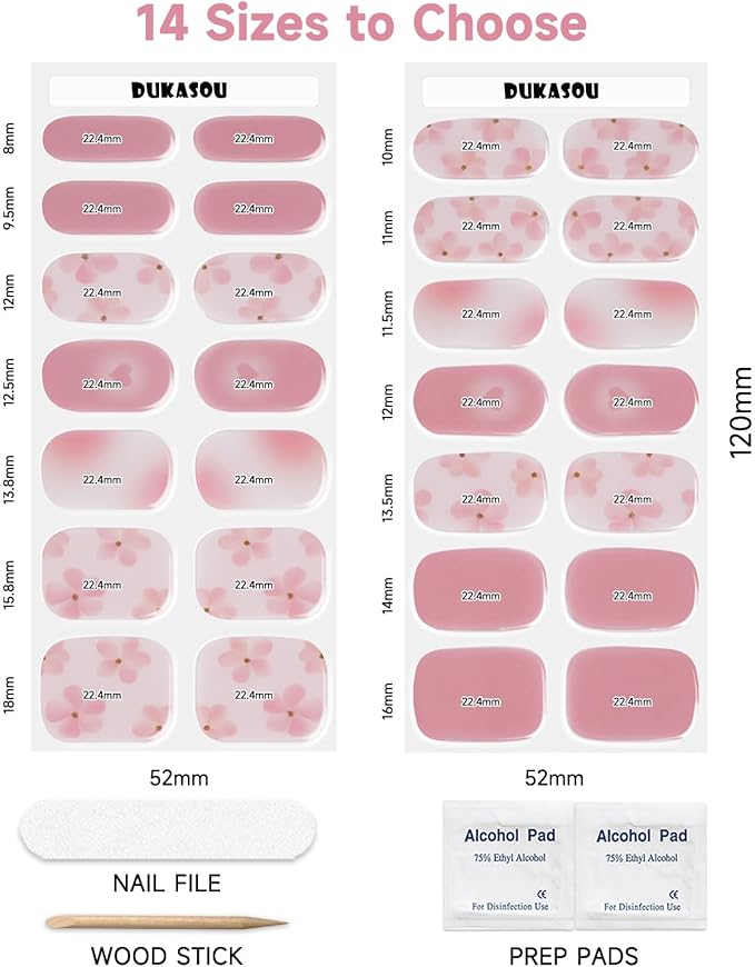 Semi Cured Gel Nail Strips,28 Pcs Flowers Gel Nail Stickers Wraps,Long Lasting Polish Strips with UV Light Requried, Easy to Apply (Pink Love)