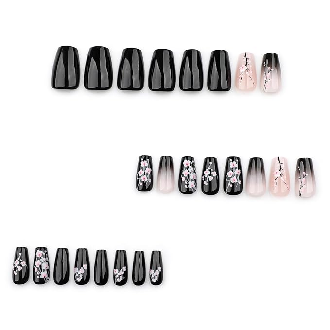 24Pcs Medium Press on Nails Coffin Shaped Fake Nails with Designs Black Gradient Nails Press ons Full Cover Stick on Nails Spring Glue on Nails False Nails for Women Girls Manicure Art
