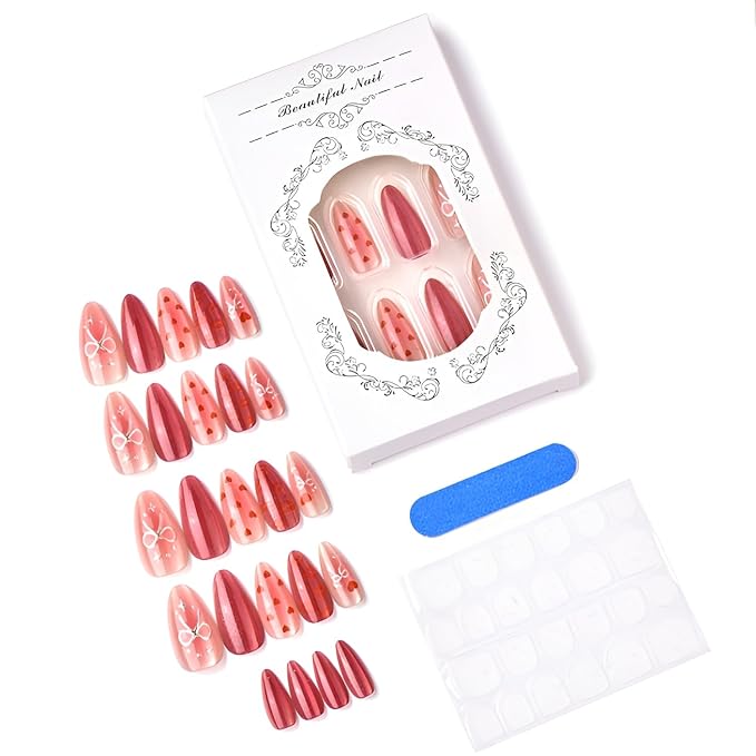 Valentines Press on Nails Medium Almond Fake Nails Red Heart Nails Press Ons Bow Glue on Nail Glossy Full Cover False Nails Gradient Acrylic Stick on Nail for Women Decoration Set 24Pcs