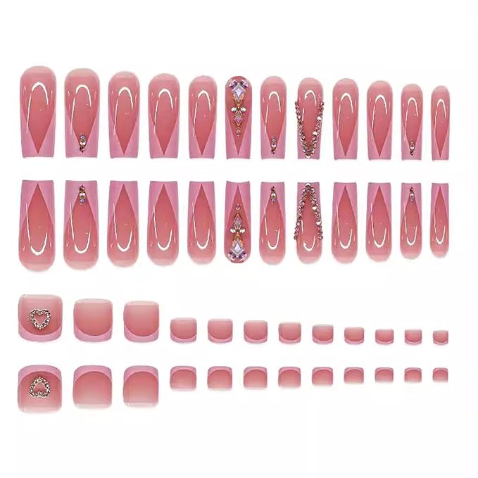 48Pcs Square Press on Nails Long & Press on Toenails Set, Pink French Tip Fake Nails Rhinestone Designs Pink Press on Toenails Full Cover Acrylic Glue on Nails for Women Manicure Kit
