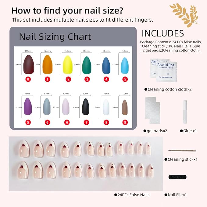 Press-On Nails, Heart Design False Nails, Pink White Glossy Fake Nails with Rhinestone, 24Pcs Reusable Artificial Nails Kit