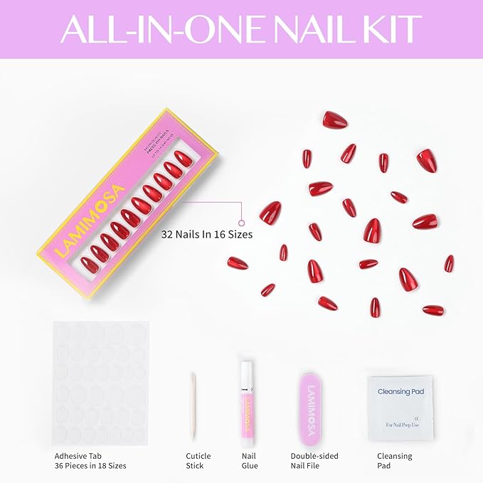 LAMIMOSA 32Pcs Bright Red Cat Eye Press On Nails Short Almond – Sparkly Red Fake Nails in 16 Sizes, Soft Gel Glittery Glue on Nails Kit, RUBY