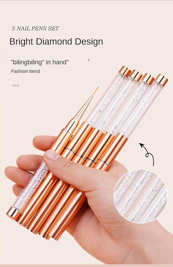 5Pcs Nail Art Brush Set with Rose Gold Rhinestone Handles - Professional Gel Polish, Liner & Drawing Brushes for Salon, DIY Manicure, Acrylic & UV Gel Nail Design liner brushes for nails(5 sticks)