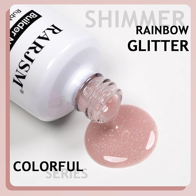 RARJSM Glitter Rubber Base Gel Nail Polish Nude Melon Pink Rubber Base Rainbow Iridescent Shimmer Brush on Quick Extend Builder Hard Gel Soak Off Curing Requires 15ml Salon Home French Manicure