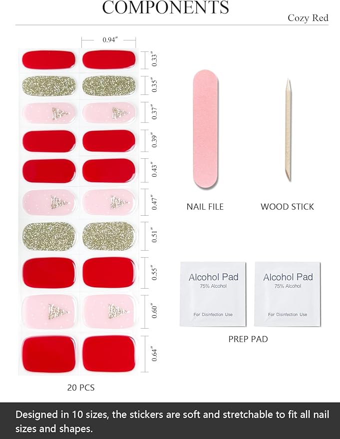 Semi Cured Gel Nail Strips (Cozy Red), Christmas Tree, 20 Pcs Gel Nail Wraps, Stickers, Salon Quality, Long Lasting, Works with Any UV Lamps