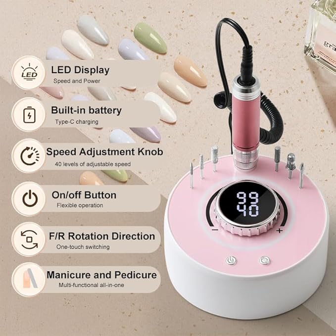 Electric Nail Drill with Brushless Motor, 40000RPM Professional Cordless Nail File for Acrylic & Gel Removal - Rechargeable Manicure & Pedicure Kit with 12 Bits for Home and Salon Use (Pink)