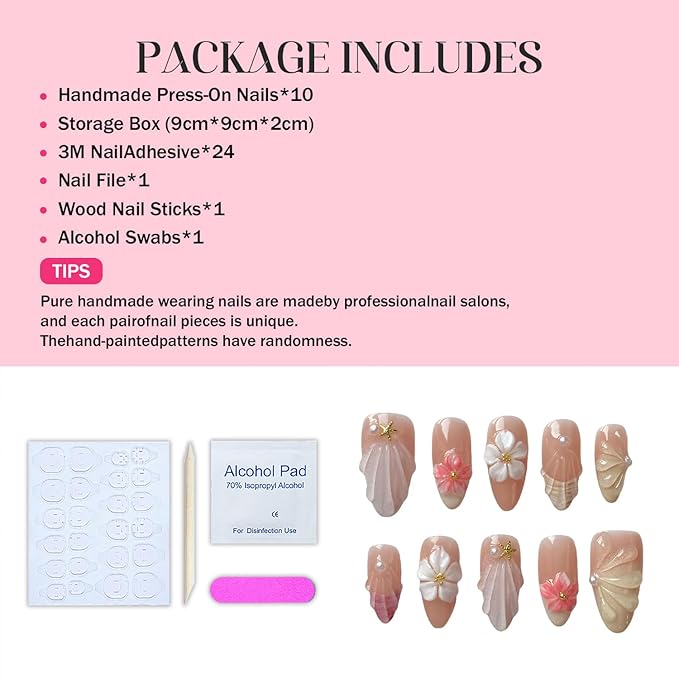 Press on Nails Almond Handmade White Flower Pearl and Starfish Fake Nails Design Thick Acrylic and MutiLayer Gel False Nails Full Cover French Medium Fake Nails Nails for Women DIY Art Decor (Size M)