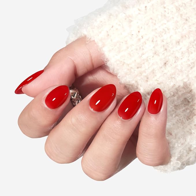 modelones Sheer Red Short Press on Nails, Semi-Transparent Oval Fake Nails Kit Press Ons with Nail Glue, Adhesive Tabs, Nail File, Prep Pad, Manicure Stick, 32Pcs 16 Sizes, Spring Women Girl Gift