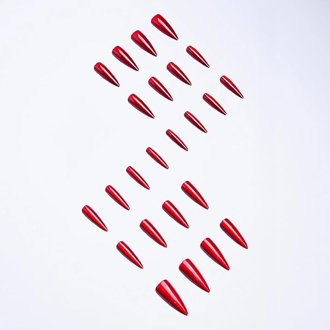 MISUD Press on Nails - Long Stiletto Fake Nails, Acrylic Bling Red Cat Eye Design 24 pcs