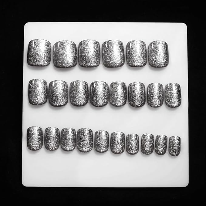 Glittering Silver Press on Nails Short Square, Silver Fake Nails Kit, Fashion Glossy Acrylic Short Press on Nails, Natural Stick on Nails, Thick Reusable Glue on Nail for Women, 24Pcs