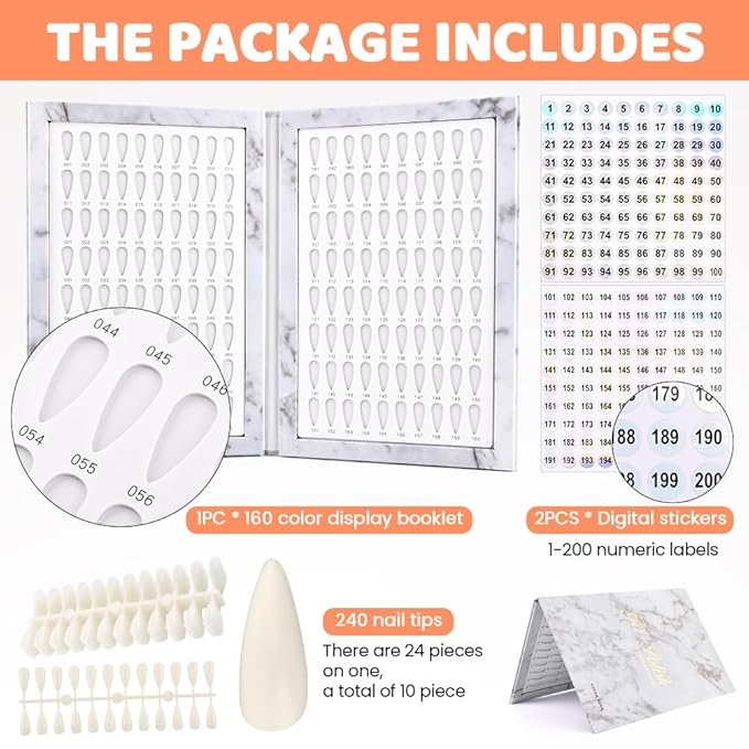 160 Color Nail Display Book with 240 Nail Tips and 1-200 Numbered Labels, Easy to Install, Removable Design, Portable Book Style, Space-Saving for Nail Art
