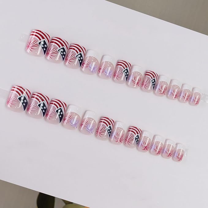 Independence Day Press on Nails Short Square Fake Nails White French Tip False Nails with Fireworks Designs Full Cover America Flag Stick on Nails Reusable Acrylic Nails for Women 4th of July 24Pcs