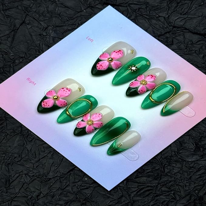 100% Handmade Press on Nails Medium Almond Handmade Nails with Rhinestone Pink Flower Charm Design Green Fake Nails Gold Lines Nail Press ons Reusable Spring Summer Acrylic Nail for Women Size L 10Pcs