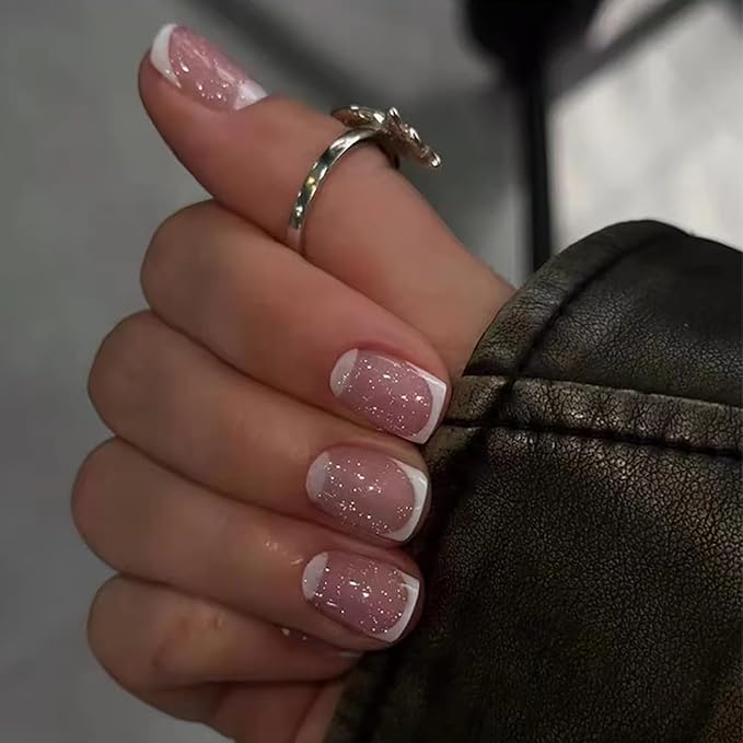 Press on Nails Short Square MABKJLF White French Tip Fake Nails False Nails with Designs Glitter Full Cover Glossy Glue on Nails Stick on Nails Acrylic Nails for Women Girls 24 Pcs