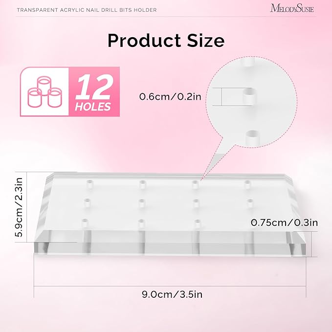 MelodySusie Nail Drill Bits Holder with 12 Holes, Visible Sturdy and Compatible with 3/32" Acrylic Drill Bit Organizer and Storage for Salon & Home, Rectangular（not include bits）
